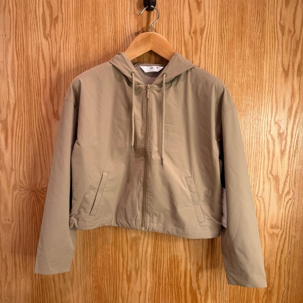 Tavi Meet the Dawn Jacket Small Driftwood Women's Hooded Cropped Tan 4 Way Strt